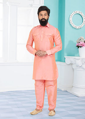 Pink Silk 2 Pc Kurta Pajama-Pathani Set