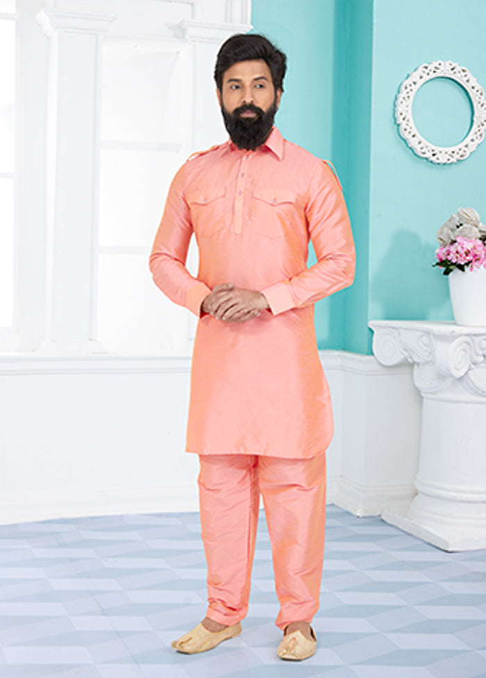 Pink Silk 2 Pc Kurta Pajama-Pathani Set