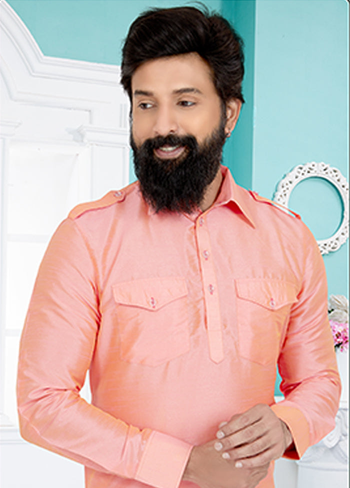 Pink Silk 2 Pc Kurta Pajama-Pathani Set