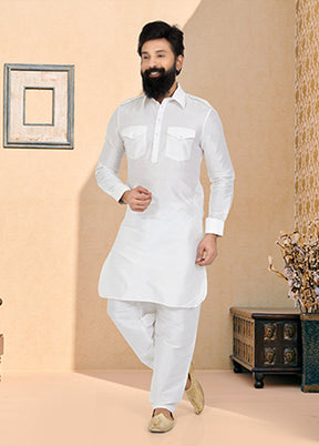 White Silk 2 Pc Kurta Pajama-Pathani Set