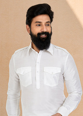 White Silk 2 Pc Kurta Pajama-Pathani Set