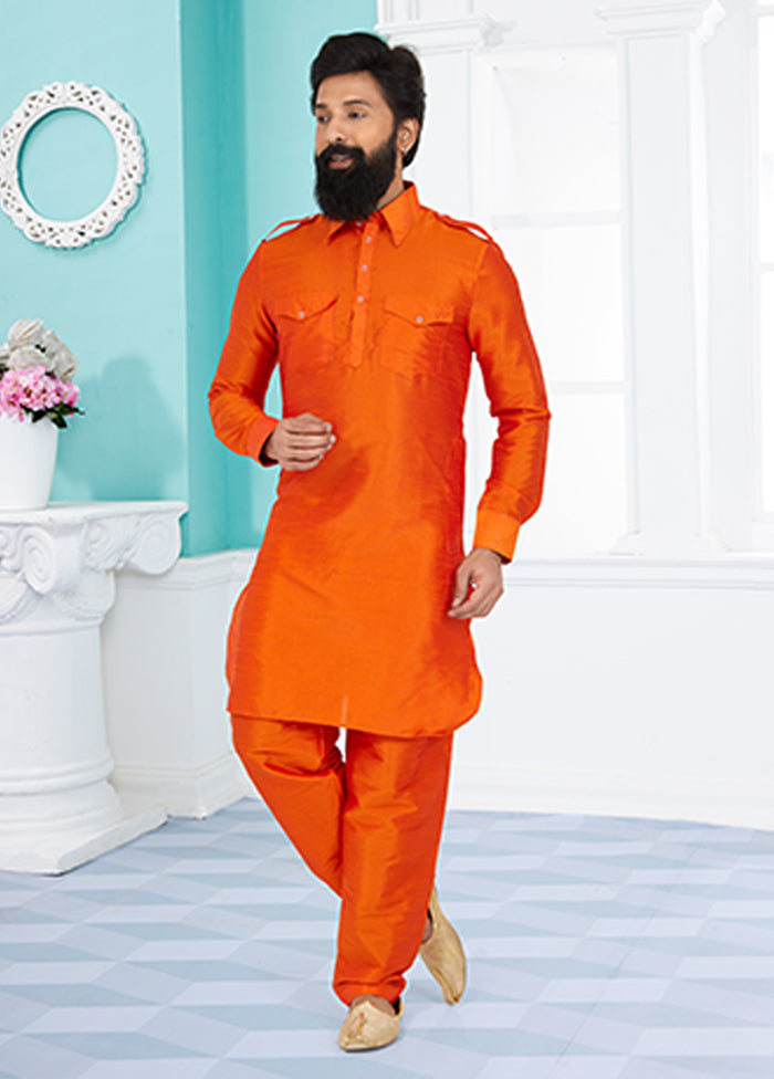 Orange Silk 2 Pc Kurta Pajama-Pathani Set