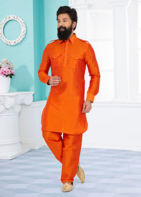 Orange Silk 2 Pc Kurta Pajama-Pathani Set