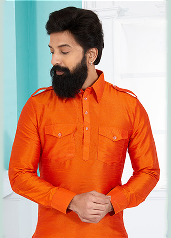 Orange Silk 2 Pc Kurta Pajama-Pathani Set