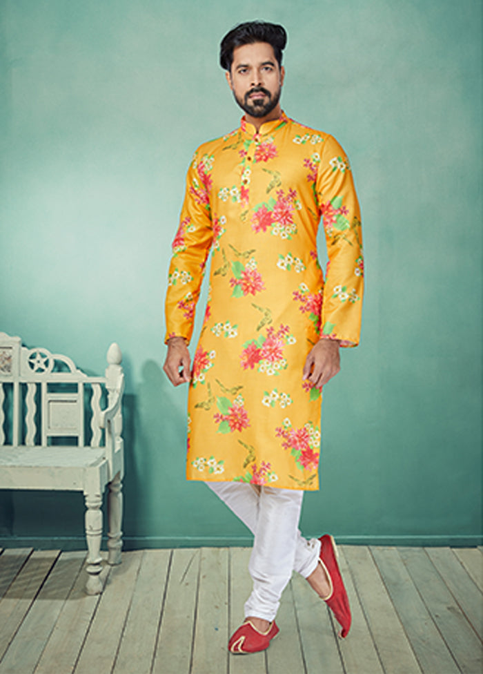 Yellow Cotton 2 Pc Kurta Pajama Set