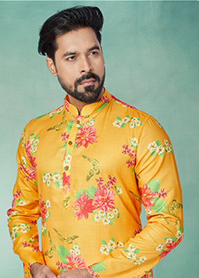Yellow Cotton 2 Pc Kurta Pajama Set