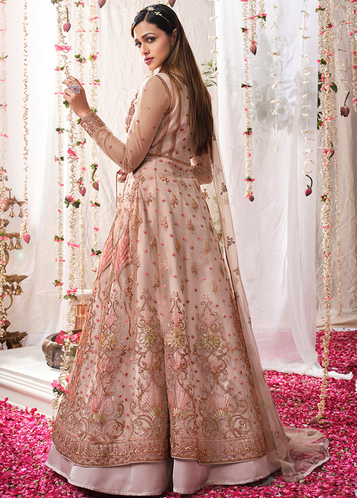 3 Pc Pink Semi Stitched Satin Resham Thread Work Gown VDSL040434 - Indian Silk House Agencies