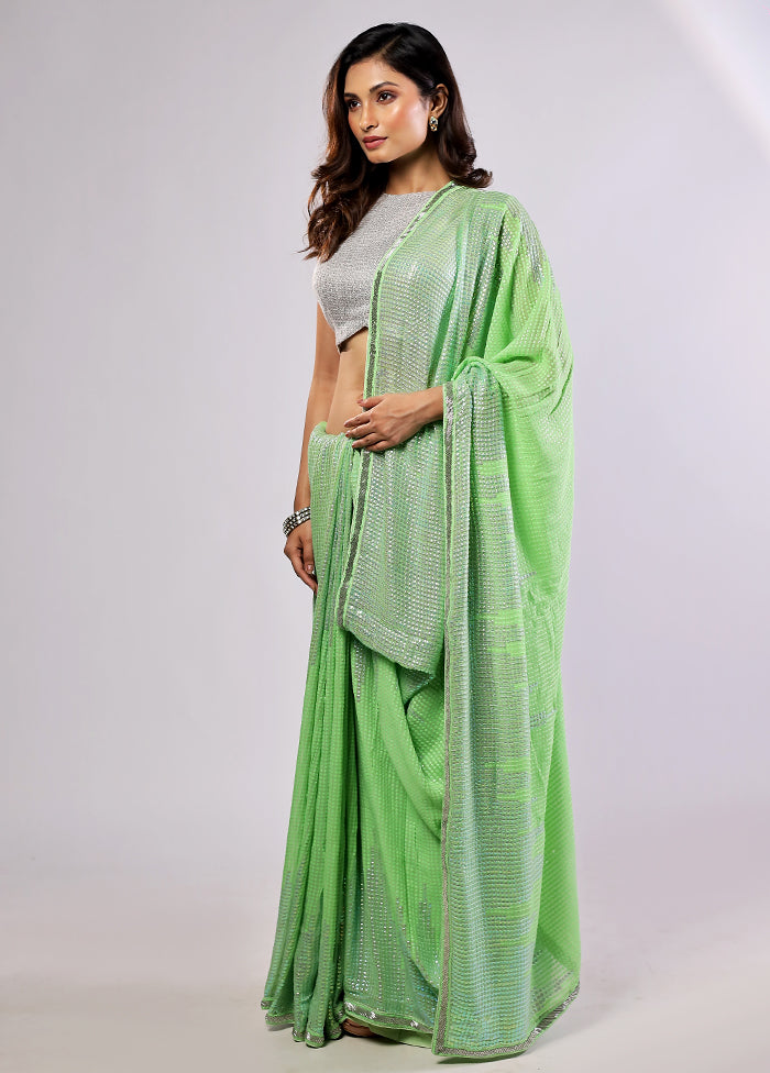 Green Handloom Pure Georgette Saree With Blouse Piece