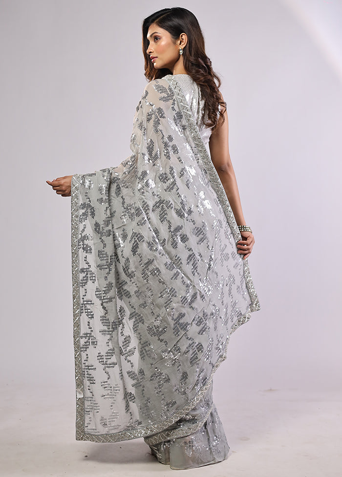 Grey Handloom Pure Georgette Saree With Blouse Piece