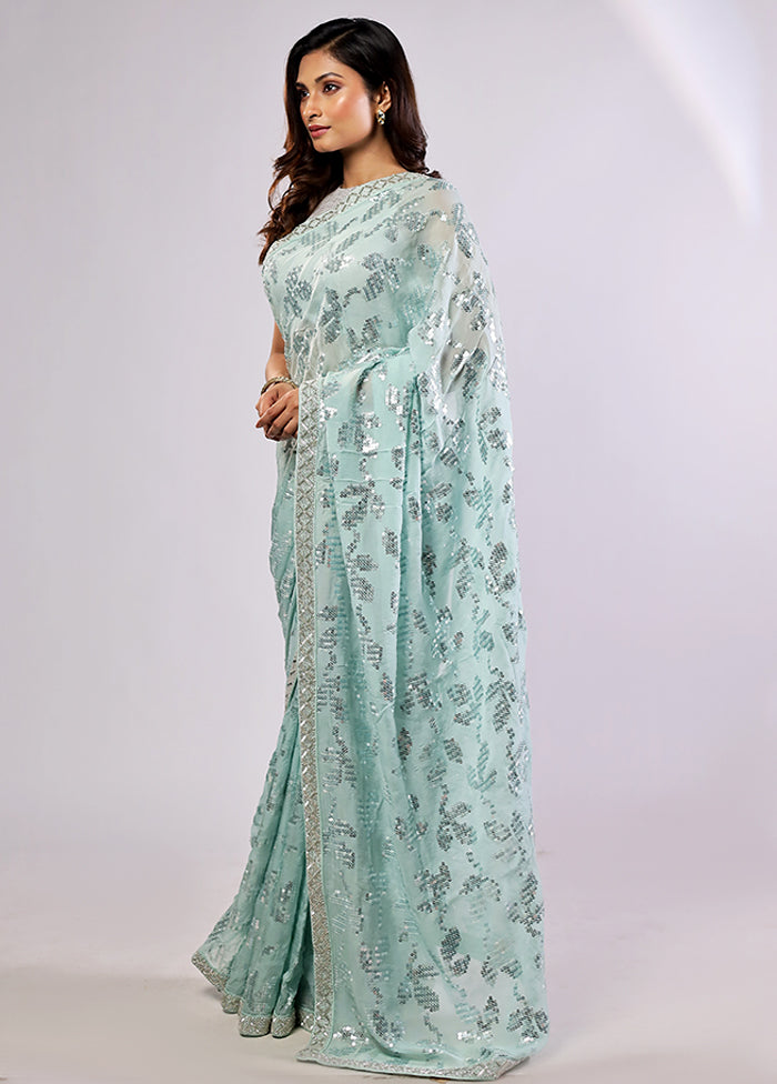 Green Handloom Pure Georgette Saree With Blouse Piece
