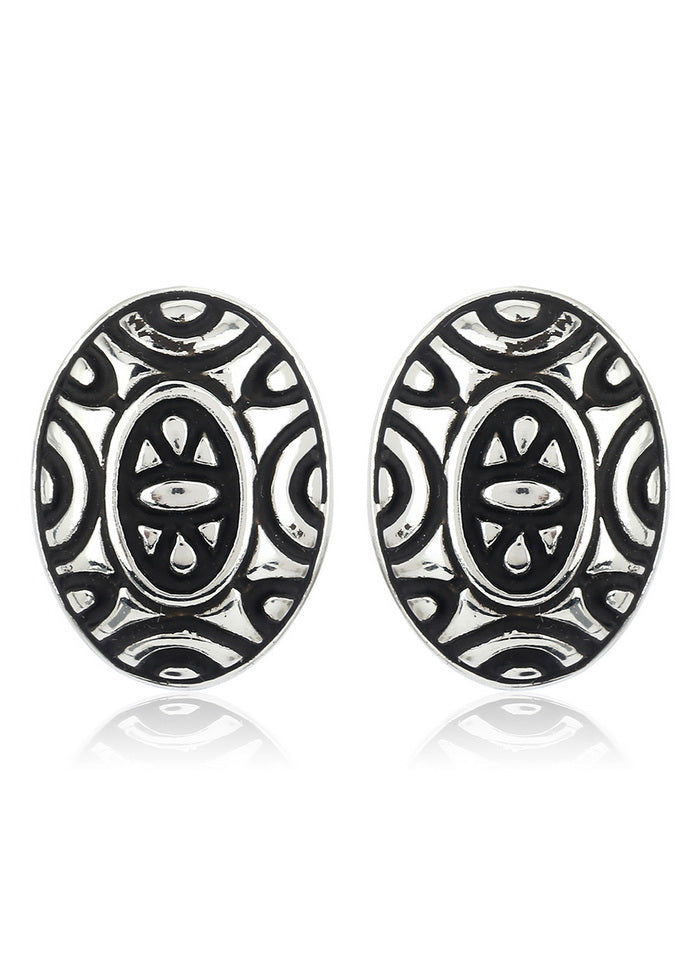 Estele Non Precious Metal Oxidized Silver Tone Plated Black Enamel Ovel Shaped Stud Earrings for wom - Indian Silk House Agencies