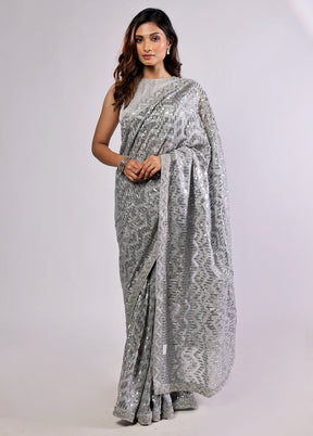 Grey Handloom Pure Georgette Saree With Blouse Piece