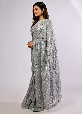 Grey Handloom Pure Georgette Saree With Blouse Piece