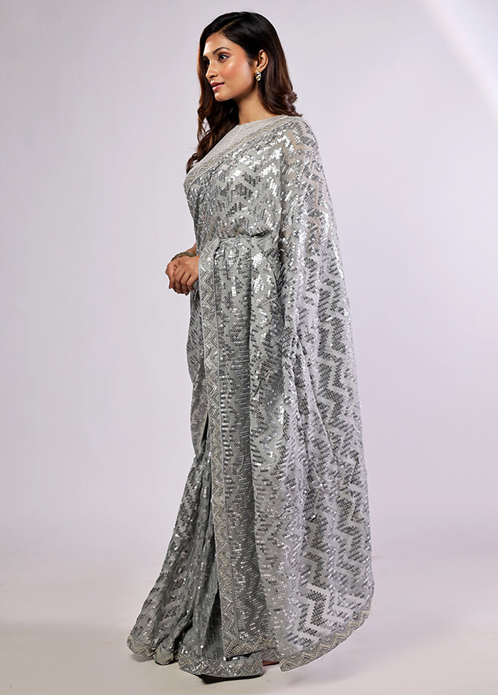 Grey Handloom Pure Georgette Saree With Blouse Piece