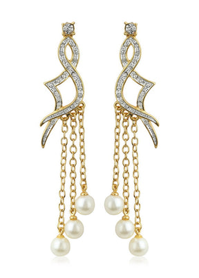 Estele 24Kt Gold and Silver Plated Long Earrings with White Faux Pearls - Indian Silk House Agencies