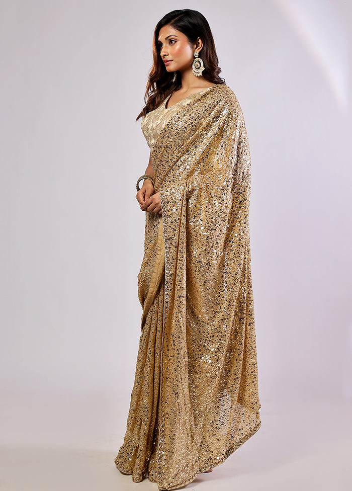 Gold Handloom Pure Georgette Saree With Blouse Piece