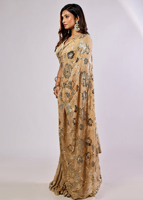 Cream Handloom Pure Georgette Saree With Blouse Piece