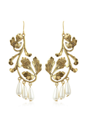 Estele 24Kt Gold plated Leafy modal Pearl Drop Earrings - Indian Silk House Agencies