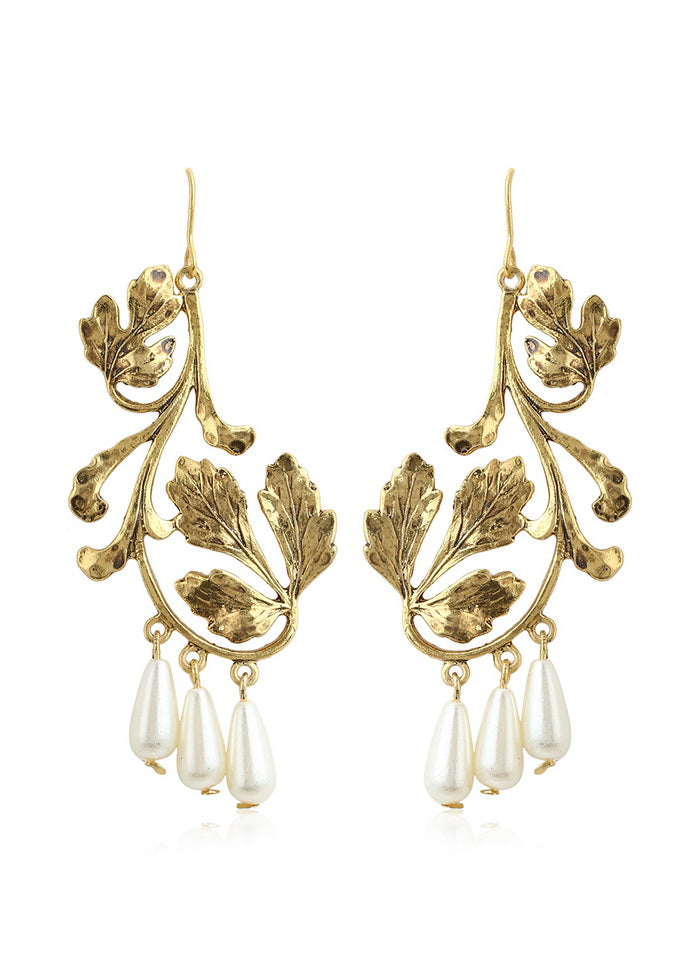 Estele 24Kt Gold plated Leafy modal Pearl Drop Earrings - Indian Silk House Agencies