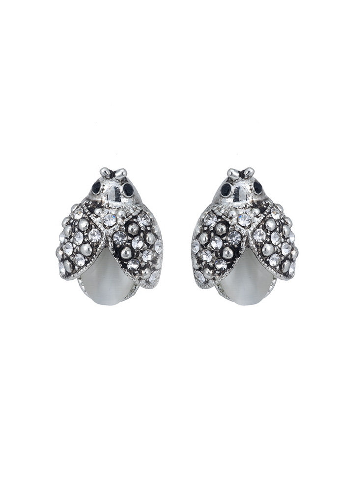 Estele Rhodium Plated Pearl Lady bug Stud Earrings - Indian Silk House Agencies