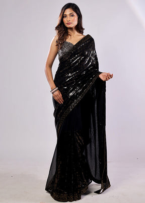 Black Handloom Pure Georgette Saree With Blouse Piece