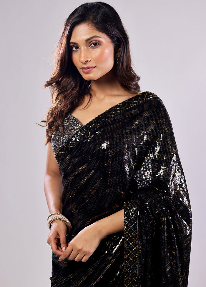 Black Handloom Pure Georgette Saree With Blouse Piece