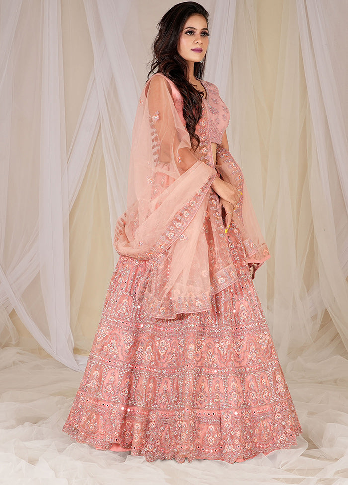 3 Pc Peach Net Semi Stitched Lehenga Set - Indian Silk House Agencies