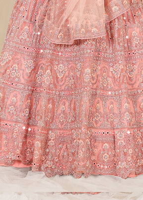 3 Pc Peach Net Semi Stitched Lehenga Set - Indian Silk House Agencies