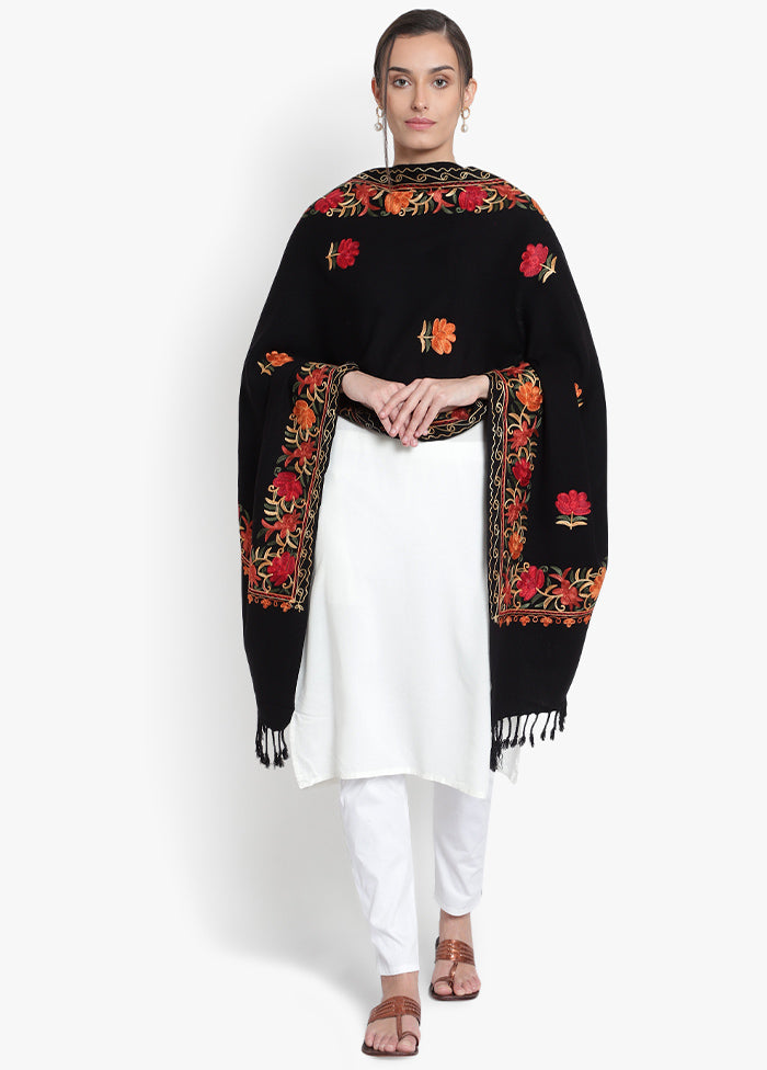 Black Kashmiri Embroidered Woolen Stole - Indian Silk House Agencies