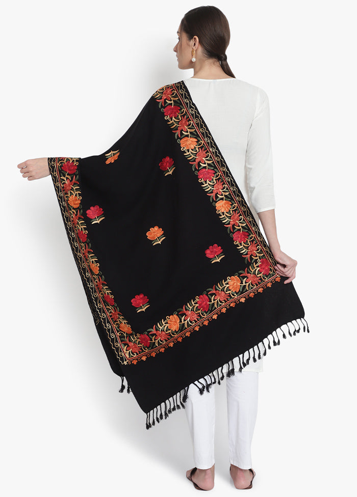 Black Kashmiri Embroidered Woolen Stole - Indian Silk House Agencies