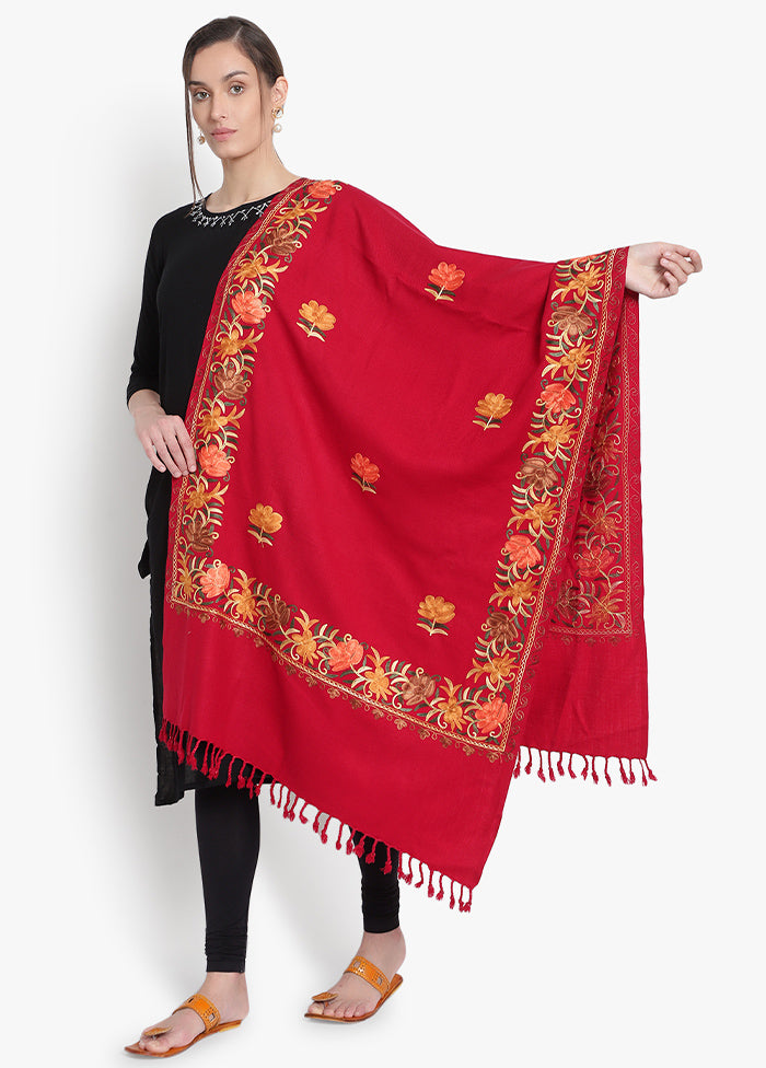 Red Kashmiri Embroidered Woolen Stole - Indian Silk House Agencies