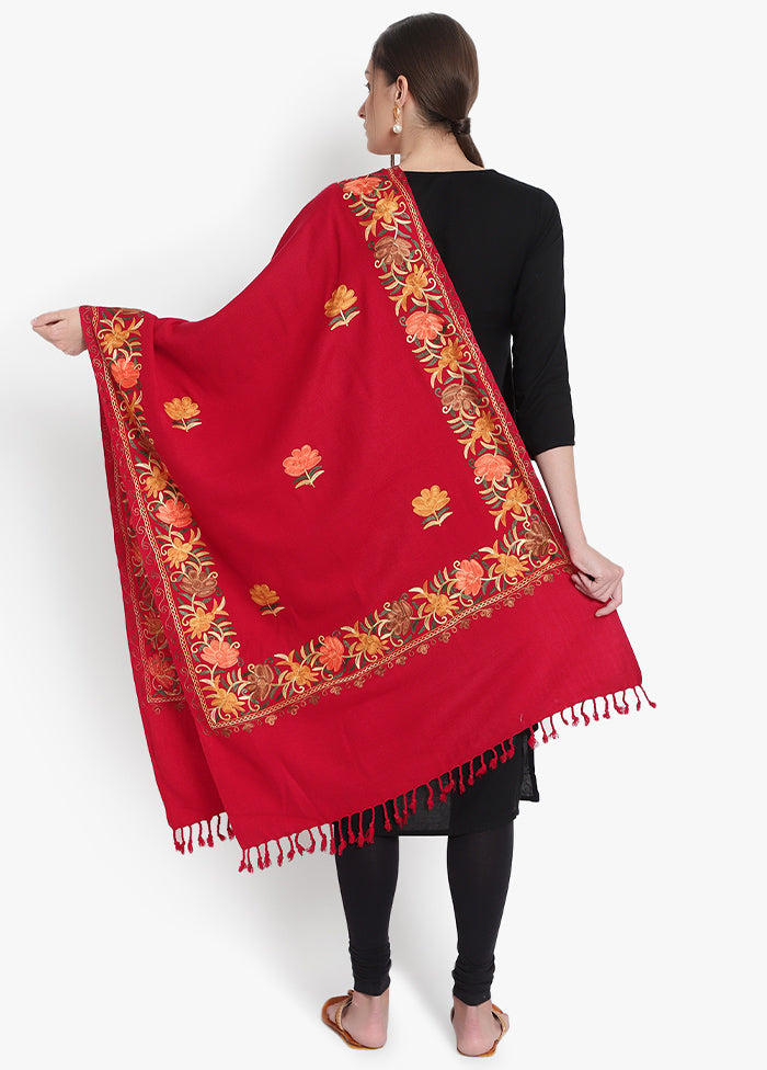 Red Kashmiri Embroidered Woolen Stole - Indian Silk House Agencies