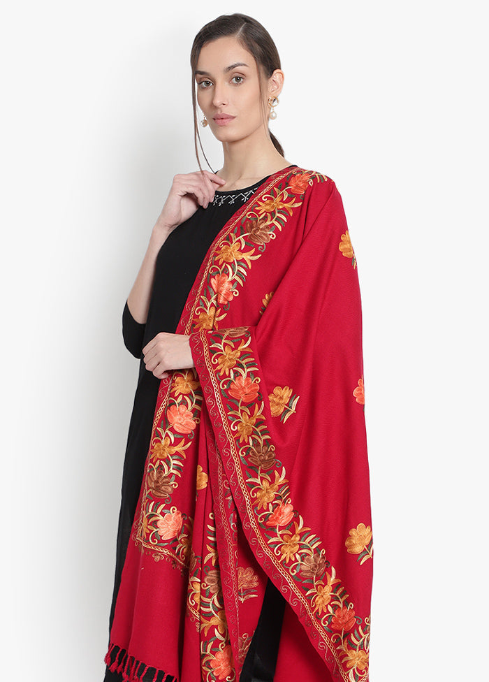 Red Kashmiri Embroidered Woolen Stole - Indian Silk House Agencies