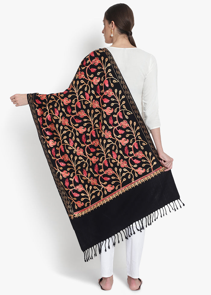 Black Kashmiri Embroidered Woolen Stole - Indian Silk House Agencies