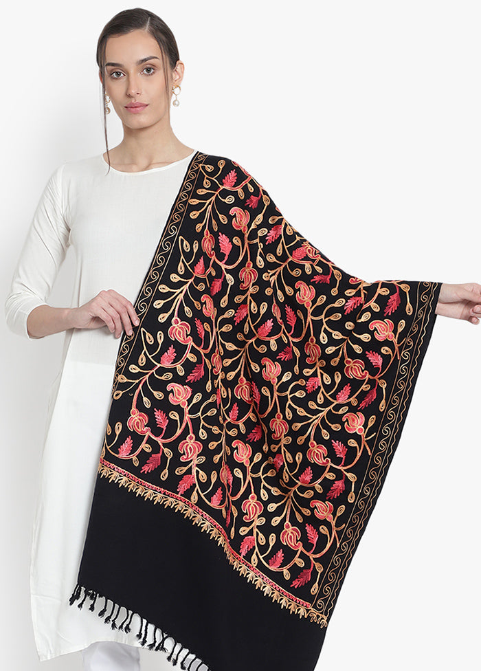 Black Kashmiri Embroidered Woolen Stole - Indian Silk House Agencies