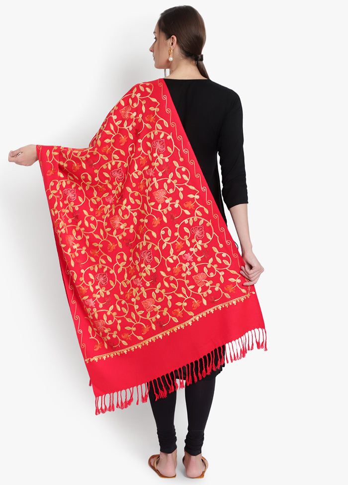 Red Kashmiri Embroidered Woolen Stole - Indian Silk House Agencies