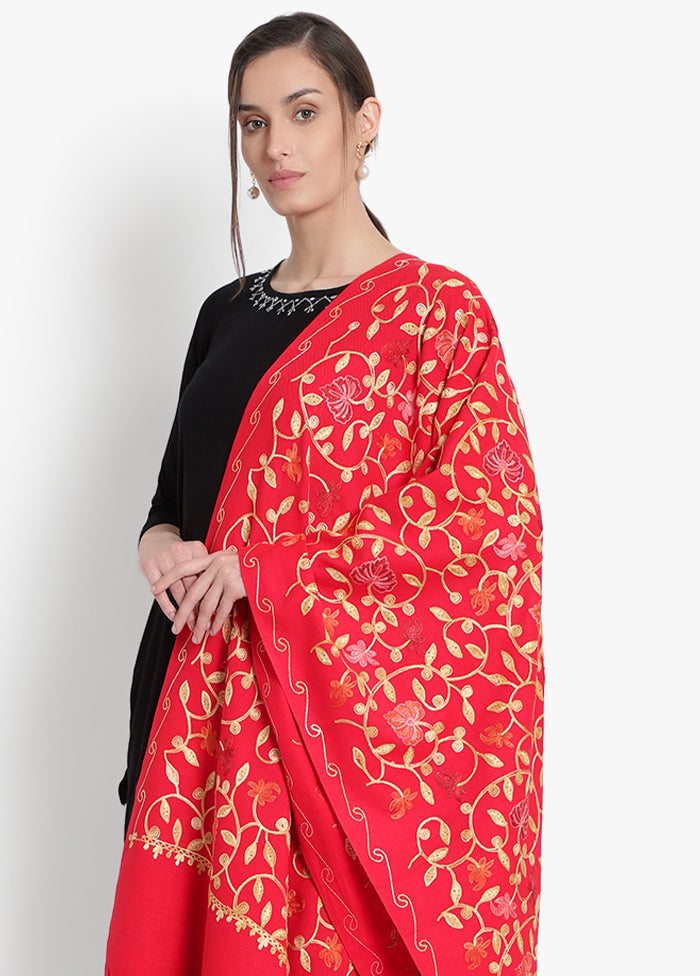 Red Kashmiri Embroidered Woolen Stole - Indian Silk House Agencies