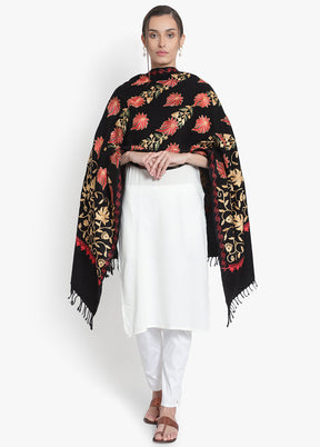 Black Kashmiri Embroidered Woolen Stole - Indian Silk House Agencies