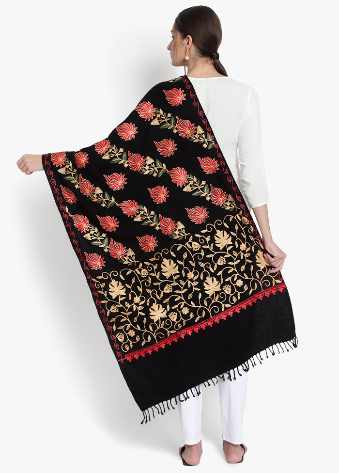 Black Kashmiri Embroidered Woolen Stole - Indian Silk House Agencies