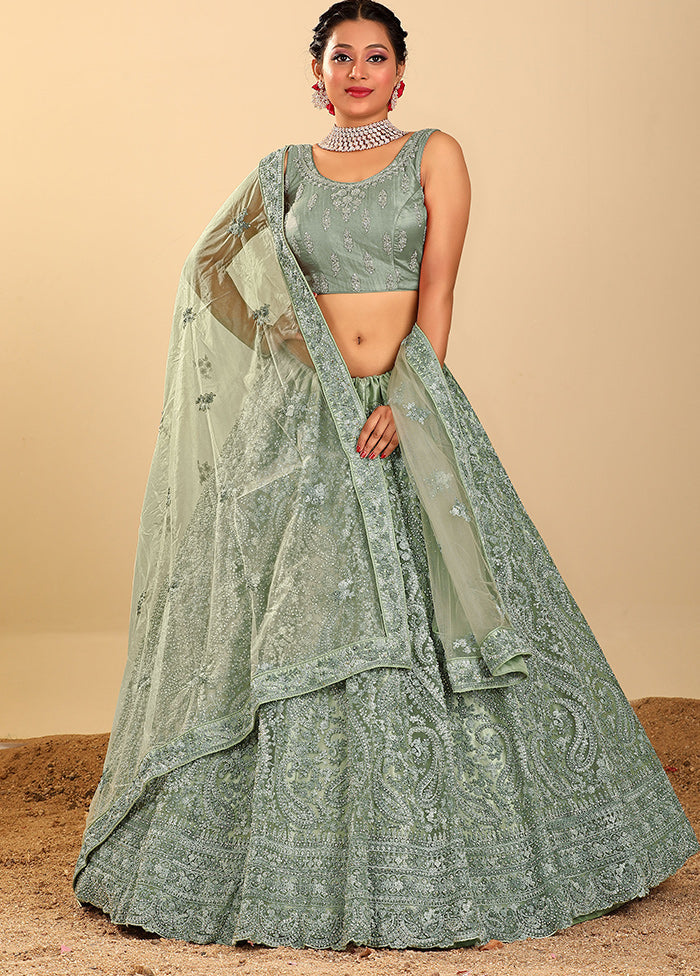 3 Pc Green Net Semi Stitched Lehenga Set - Indian Silk House Agencies