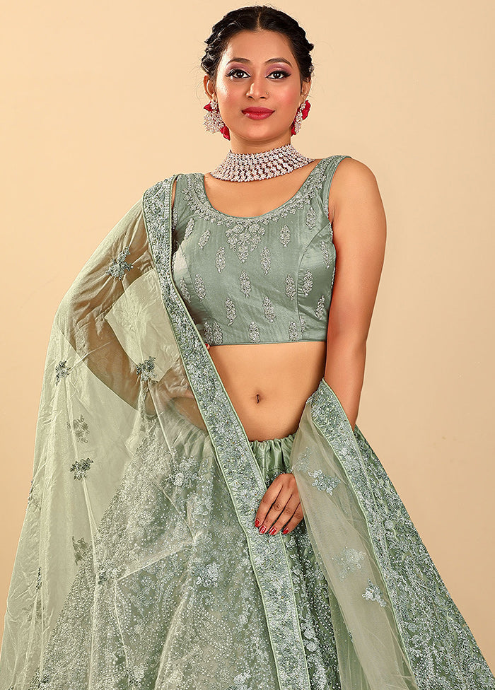 3 Pc Green Net Semi Stitched Lehenga Set - Indian Silk House Agencies