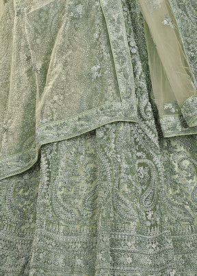 3 Pc Green Net Semi Stitched Lehenga Set - Indian Silk House Agencies