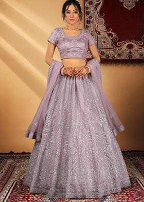 3 Pc Wine Net Semi Stitched Lehenga Set