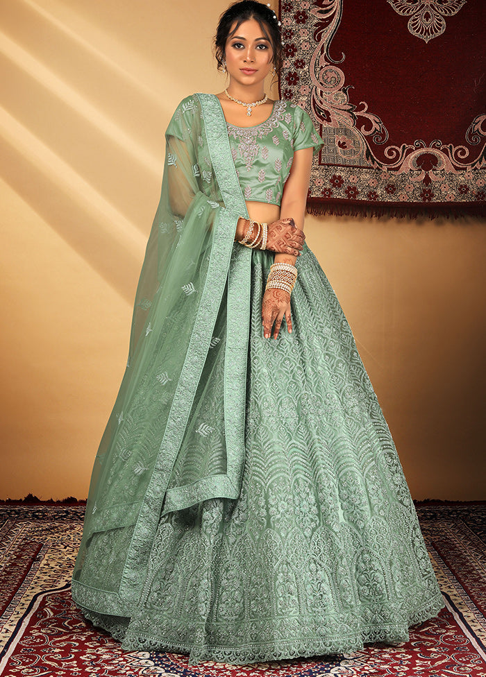 3 Pc Green Net Semi Stitched Lehenga Set