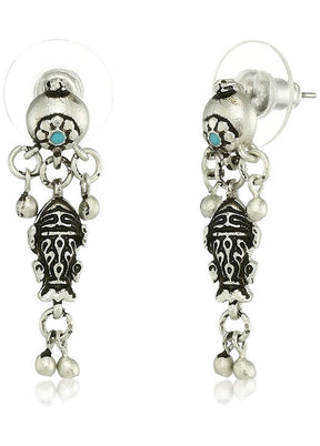 Estele Oxidized Silver Plated Antique Matsya Dangle Earrings - Indian Silk House Agencies