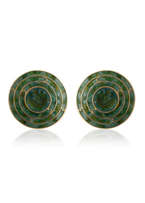 Estele 24 Kt Gold Plated Green Enamel Concentric button Stud Earrings - Indian Silk House Agencies