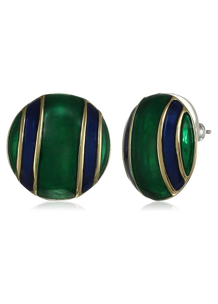 Estele 24 Kt Non Precious Metal Gold Plated Green Blue Pinstrip Enamel Stud Earrings for Girls - Indian Silk House Agencies