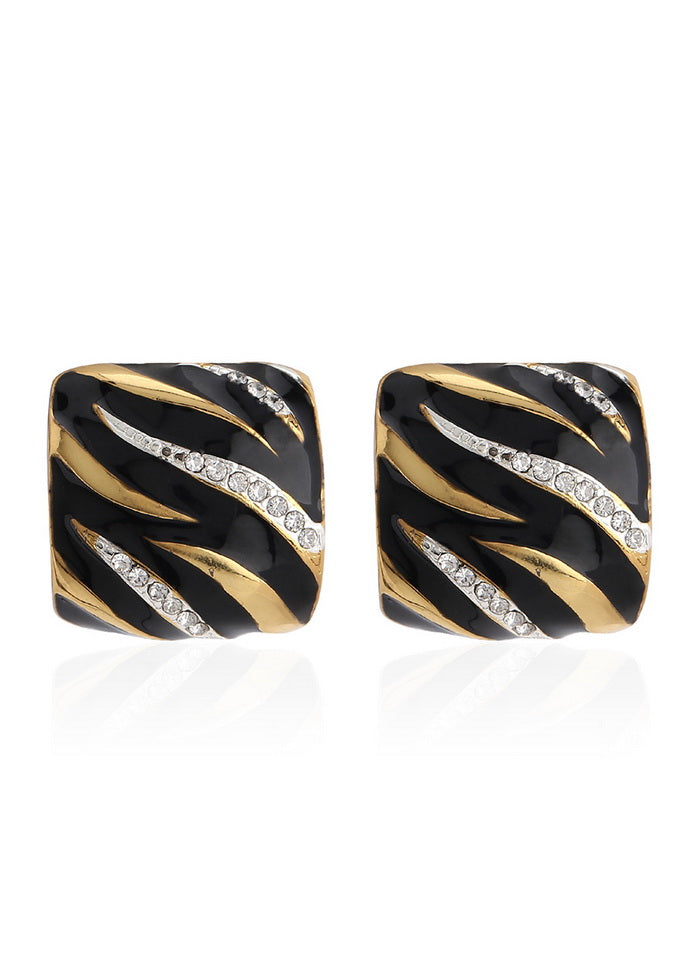 Estele Black 24kt Gold Plated Metal Brass Enamel with Austrian Crystal Stone Square Modal Stud Earri - Indian Silk House Agencies