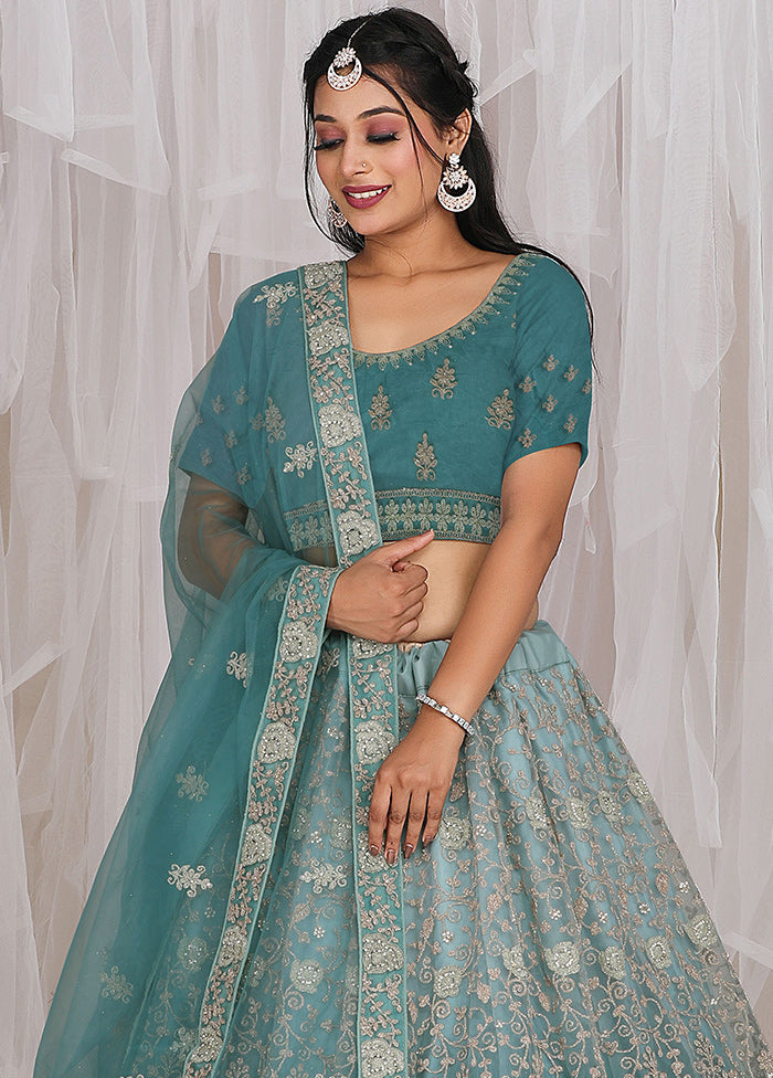 3 Pc Blue Net Semi Stitched Lehenga Set