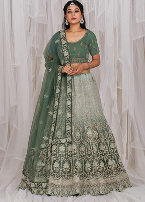 3 Pc Green Net Semi Stitched Lehenga Set - Indian Silk House Agencies